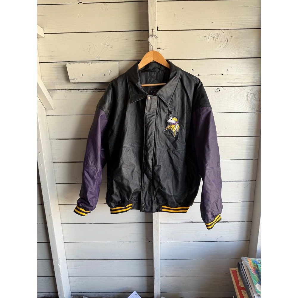 Vintage NFL Gameday Minnesota Vikings Leather Varsity Jacket Black Purple XL